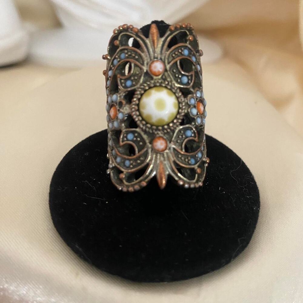 Vintage Tibetan Style Finger Statement Ring Coral Turquoise Tone Boho Armor Ring
